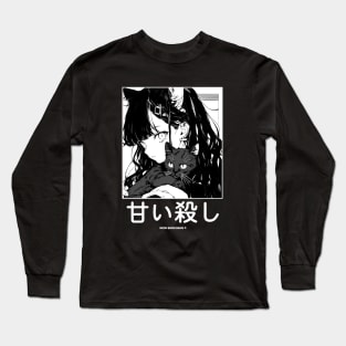 Stylish Anime Neko Girl Manga Aesthetic Streetwear Black and White Long Sleeve T-Shirt